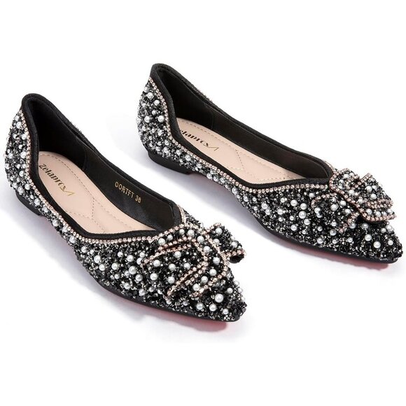 🆕Women Silver Rhinestone Flats Bowknot Pointed Toe Dark Suede Ballet Shoe - Picture 2 of 7